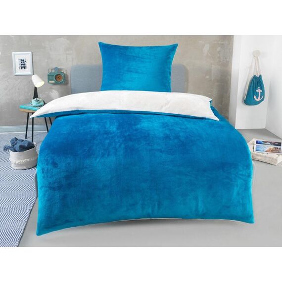 DreamHome Winter Wende Plüsch Bettwäsche 135x200 Nicky-Teddy Cashmere Touch Coral Fleece Bettdezug + Kissenbezug 80x80, Farbe:Petrol-Cremeweiß