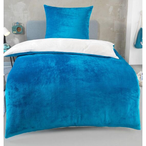 DreamHome Winter Wende Plüsch Bettwäsche 135x200 Nicky-Teddy Cashmere Touch Coral Fleece Bettdezug + Kissenbezug 80x80, Farbe:Petrol-Cremeweiß