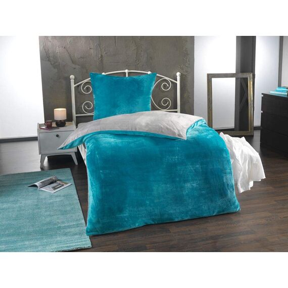 DreamHome Winter Wende Plüsch Bettwäsche 135x200 Nicky-Teddy Cashmere Touch Coral Fleece Bettdezug + Kissenbezug 80x80, Farbe:GRAU-Petrol