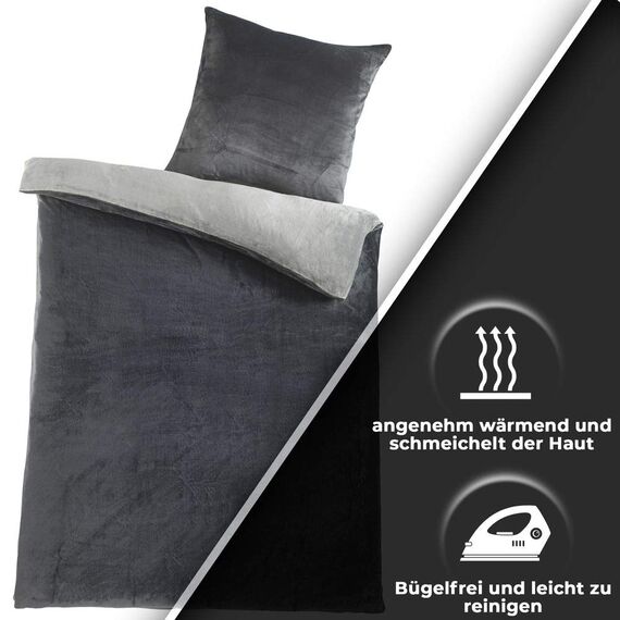 DreamHome Winter Wende Plüsch Bettwäsche 135x200 Nicky-Teddy Cashmere Touch Coral Fleece Bettdezug + Kissenbezug 80x80, Farbe:Silber-ANTHRAZIT