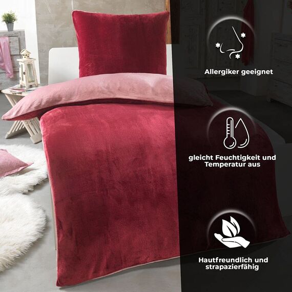 DreamHome Winter Wende Plüsch Bettwäsche 135x200 Nicky-Teddy Cashmere Touch Coral Fleece Bettdezug + Kissenbezug 80x80, Farbe:Weinrot-Altrosa