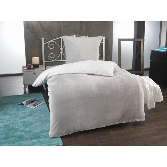 DreamHome Winter Wende Plüsch Bettwäsche 135x200 Nicky-Teddy Cashmere Touch Coral Fleece Bettdezug + Kissenbezug 80x80, Farbe:Silber-Weiss