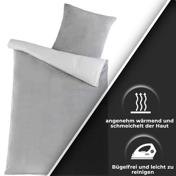 DreamHome Winter Wende Plüsch Bettwäsche 135x200 Nicky-Teddy Cashmere Touch Coral Fleece Bettdezug + Kissenbezug 80x80, Farbe:Silber-Weiss