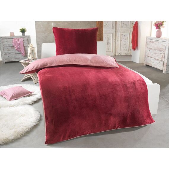 DreamHome Winter Wende Plüsch Bettwäsche 135x200 Nicky-Teddy Cashmere Touch Coral Fleece Bettdezug + Kissenbezug 80x80, Farbe:Weinrot-Altrosa