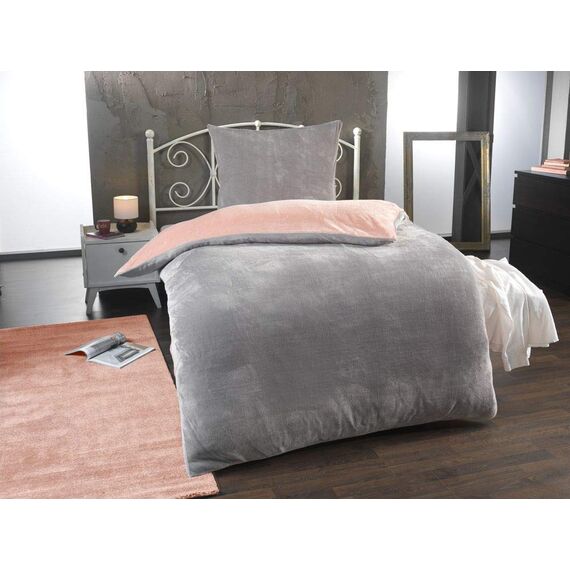DreamHome Winter Wende Plüsch Bettwäsche 135x200 Nicky-Teddy Cashmere Touch Coral Fleece Bettdezug + Kissenbezug 80x80, Farbe:Silber-ROSA