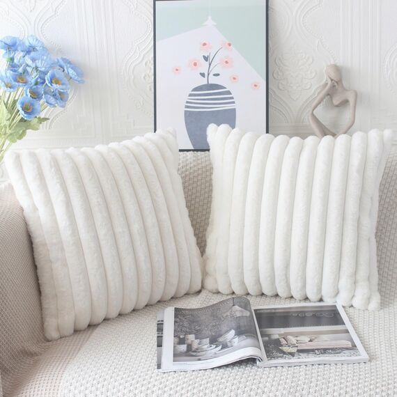 NIULAA Creme Weiß Kissenbezug 45x45 2er Set Flauschig Plüsch Deko Kissenbezüge Weich Gestreift Pelz Kissenhülle Dekokissen Sofakissenbezug Luxus Sofakissen Zierkissenbezüge Wohnzimmer Sofa