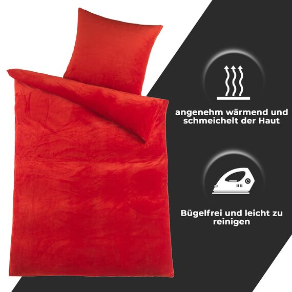 DreamHome Winter Wende Plüsch Bettwäsche 135x200 Nicky-Teddy Cashmere Touch Coral Fleece Bettdezug + Kissenbezug 80x80, Farbe:ROT