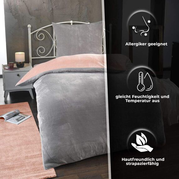DreamHome Winter Wende Plüsch Bettwäsche 135x200 Nicky-Teddy Cashmere Touch Coral Fleece Bettdezug + Kissenbezug 80x80, Farbe:Silber-ROSA