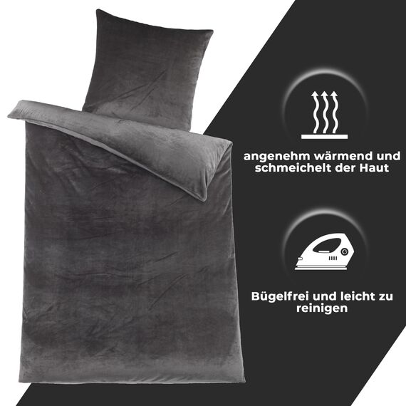 DreamHome Winter Wende Plüsch Bettwäsche 135x200 Nicky-Teddy Cashmere Touch Coral Fleece Bettdezug + Kissenbezug 80x80, Farbe:Grau