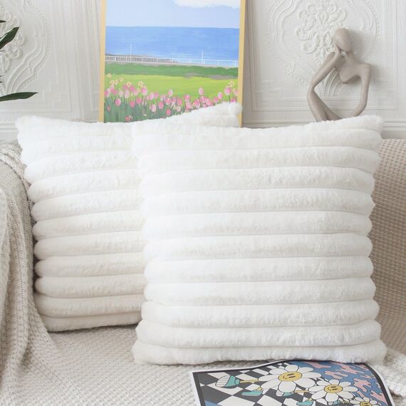 NIULAA Creme Weiß Kissenbezug 45x45 2er Set Flauschig Plüsch Deko Kissenbezüge Weich Gestreift Pelz Kissenhülle Dekokissen Sofakissenbezug Luxus Sofakissen Zierkissenbezüge Wohnzimmer Sofa