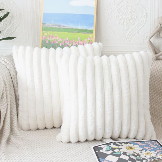 NIULAA Creme Weiß Kissenbezug 45x45 2er Set Flauschig Plüsch Deko Kissenbezüge Weich Gestreift Pelz Kissenhülle Dekokissen Sofakissenbezug Luxus Sofakissen Zierkissenbezüge Wohnzimmer Sofa