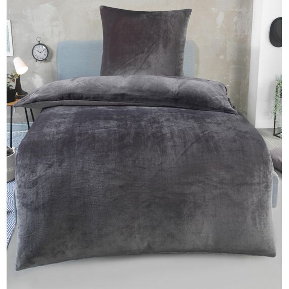 DreamHome Winter Wende Plüsch Bettwäsche 135x200 Nicky-Teddy Cashmere Touch Coral Fleece Bettdezug + Kissenbezug 80x80, Farbe:Grau