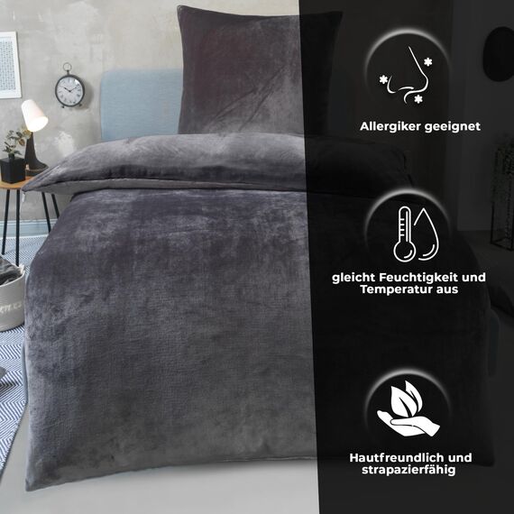 DreamHome Winter Wende Plüsch Bettwäsche 135x200 Nicky-Teddy Cashmere Touch Coral Fleece Bettdezug + Kissenbezug 80x80, Farbe:Grau