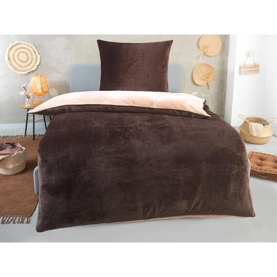 DreamHome Winter Wende Plüsch Bettwäsche 135x200 Nicky-Teddy Cashmere Touch Coral Fleece Bettdezug + Kissenbezug 80x80, Farbe:BRAUN-BEIGE