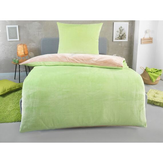 DreamHome Winter Wende Plüsch Bettwäsche 135x200 Nicky-Teddy Cashmere Touch Coral Fleece Bettdezug + Kissenbezug 80x80, Farbe:BEIGE-GRÜN