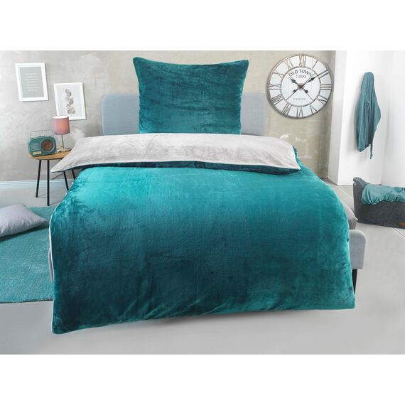DreamHome Winter Wende Plüsch Bettwäsche 135x200 Nicky-Teddy Cashmere Touch Coral Fleece Bettdezug + Kissenbezug 80x80, Farbe:smaragdgrün-Silber