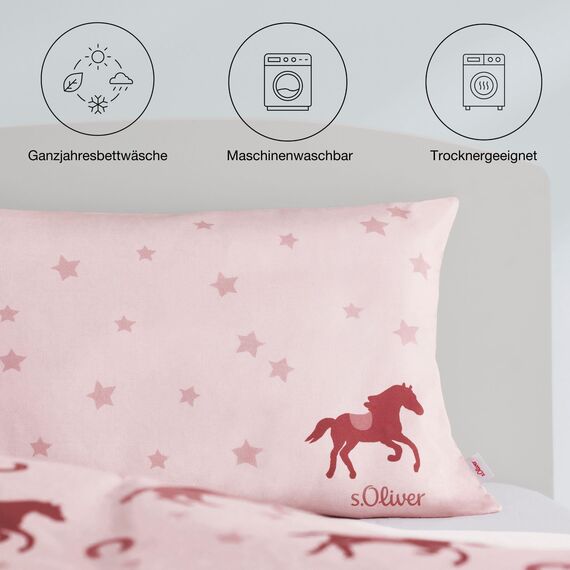 s.Oliver Kinderbettwäsche Junior Pferde 100 x 135 cm - 100% Baumwolle, Reißverschluss, anschmiegsam, weich & waschbar, Mako Satinbettwäsche Pferdemotiv rosa