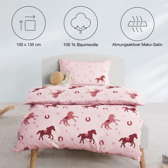 s.Oliver Kinderbettwäsche Junior Pferde 100 x 135 cm - 100% Baumwolle, Reißverschluss, anschmiegsam, weich & waschbar, Mako Satinbettwäsche Pferdemotiv rosa