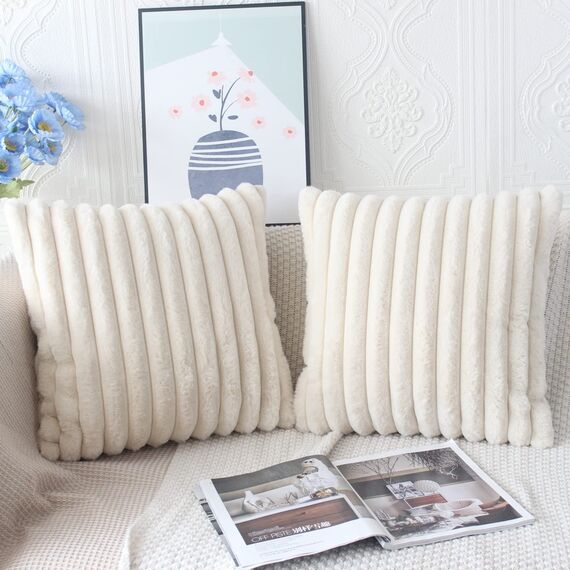 NIULAA Beige Kissenbezug 40x40 2er Set Flauschig Plüsch Deko Kissenbezüge Weich Gestreift Pelz Kissenhülle Dekokissen Sofakissenbezug Luxus Sofakissen Zierkissenbezüge Wohnzimmer Sofa