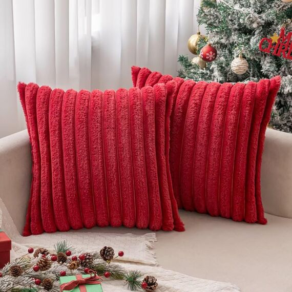 MIULEE Plüsch Kissenbezug 45x45 Weihnachten Deko Flauschige Kissenbezüge Kunstpelz Fell Sofakissen Flauschig Dekokissen Kissenhülle für Wohnzimmer Schlafzimmer Sofa Kuschelkissen Rot 2er Set