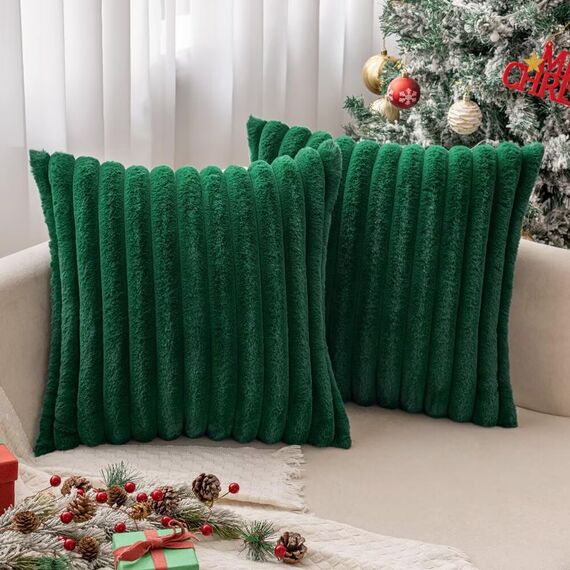 MIULEE Plüsch Kissenbezug 45x45 Weihnachten Deko Flauschige Kissenbezüge Kunstpelz Fell Sofakissen Flauschig Dekokissen Kissenhülle für Wohnzimmer Schlafzimmer Sofa Kuschelkissen Dunkelgrün 2er Set