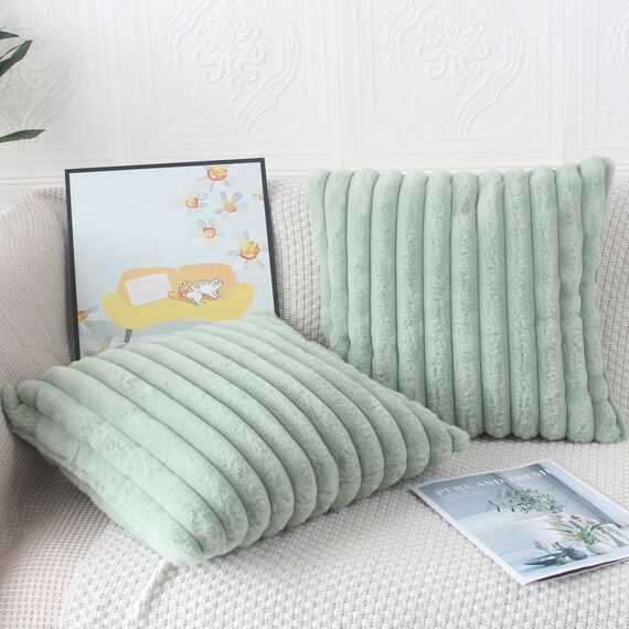 NIULAA Salbei Grün Kissenbezug 45x45 2er Set Flauschig Plüsch Deko Kissenbezüge Weich Gestreift Pelz Kissenhülle Dekokissen Sofakissenbezug Luxus Sofakissen Zierkissenbezüge Wohnzimmer Sofa