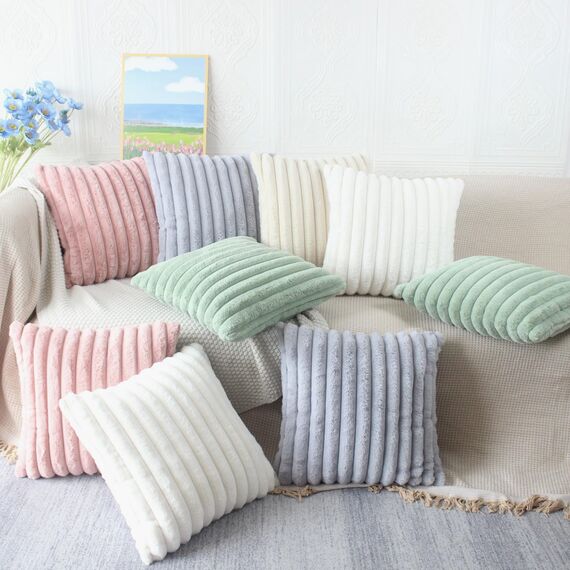 NIULAA Creme Weiß Kissenbezug 50x50 2er Set Flauschig Plüsch Deko Kissenbezüge Weich Gestreift Pelz Kissenhülle Dekokissen Sofakissenbezug Luxus Sofakissen Zierkissenbezüge Wohnzimmer Sofa