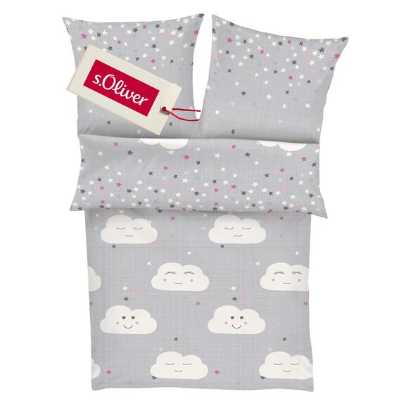 s.Oliver Kinderbettwäsche Wolke 135x200 cm - 100% Baumwolle, praktischer Reißverschluss & maschinenwaschbar, Bettwäsche für Kinder 2tlg. Wölkchen und Sterne hellgrau
