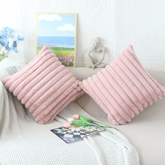 NIULAA Rosa Kissenbezug 40x40 2er Set Flauschig Plüsch Deko Kissenbezüge Weich Gestreift Pelz Kissenhülle Dekokissen Sofakissenbezug Luxus Sofakissen Zierkissenbezüge Wohnzimmer Sofa