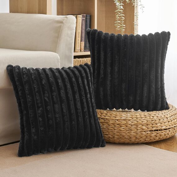MIULEE Plüsch Kissenbezug 45x45 Deko Flauschige Kissenbezüge Kunstpelz Fell Sofakissen Flauschig Dekokissen Kissenhülle für Wohnzimmer Schlafzimmer Sofa Kuschelkissen Schwarz 2er Set