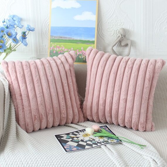 NIULAA Rosa Kissenbezug 50x50 2er Set Flauschig Plüsch Deko Kissenbezüge Weich Gestreift Pelz Kissenhülle Dekokissen Sofakissenbezug Luxus Sofakissen Zierkissenbezüge Wohnzimmer Sofa