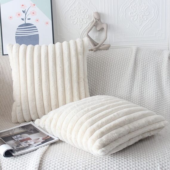 NIULAA Beige Kissenbezug 45x45 2er Set Flauschig Plüsch Deko Kissenbezüge Weich Gestreift Pelz Kissenhülle Dekokissen Sofakissenbezug Luxus Sofakissen Zierkissenbezüge Wohnzimmer Sofa