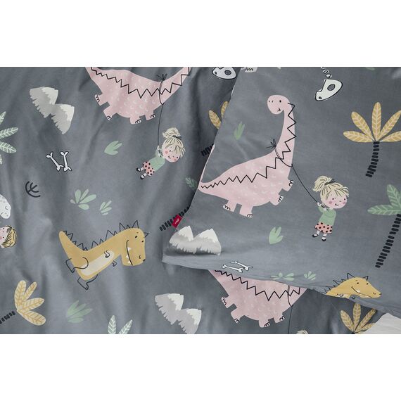 s.Oliver Kinderbettwäsche Dino 100x135 cm - 100% Baumwolle, praktischer Reißverschluss & maschinenwaschbar, Bettwäsche für Kinder 2tlg. Dinosaurier grau