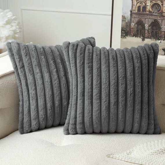 MIULEE Plüsch Kissenbezug 60x60 Deko Flauschige Kissenbezüge Kunstpelz Fell Sofakissen Flauschig Dekokissen Kissenhülle für Wohnzimmer Schlafzimmer Sofa Kuschelkissen Grau 2er Set