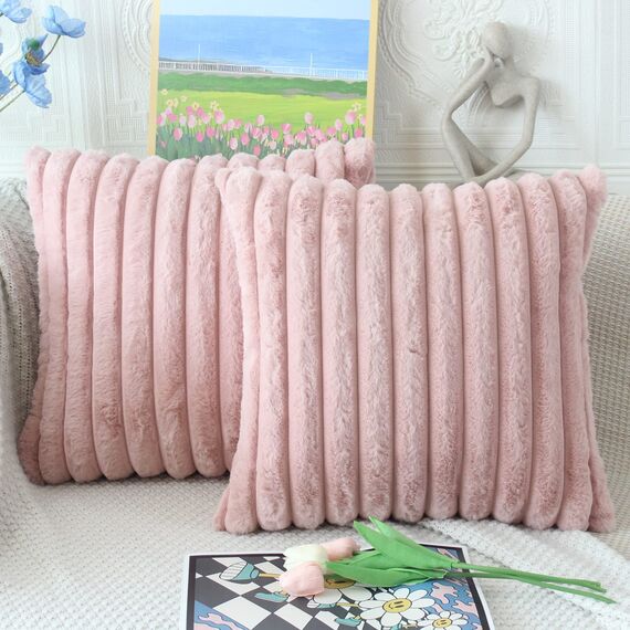 NIULAA Rosa Kissenbezug 50x50 2er Set Flauschig Plüsch Deko Kissenbezüge Weich Gestreift Pelz Kissenhülle Dekokissen Sofakissenbezug Luxus Sofakissen Zierkissenbezüge Wohnzimmer Sofa