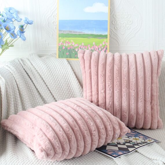 NIULAA Rosa Kissenbezug 40x40 2er Set Flauschig Plüsch Deko Kissenbezüge Weich Gestreift Pelz Kissenhülle Dekokissen Sofakissenbezug Luxus Sofakissen Zierkissenbezüge Wohnzimmer Sofa
