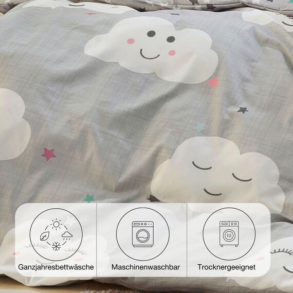s.Oliver Kinderbettwäsche Wolke 100x135 cm - 100% Baumwolle, praktischer Reißverschluss & maschinenwaschbar, Bettwäsche für Kinder 2tlg. Wölkchen & Sterne grau