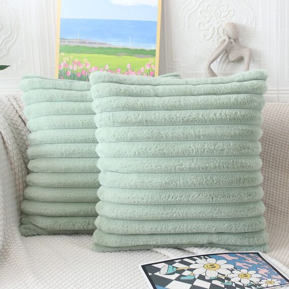 NIULAA Salbei Grün Kissenbezug 45x45 2er Set Flauschig Plüsch Deko Kissenbezüge Weich Gestreift Pelz Kissenhülle Dekokissen Sofakissenbezug Luxus Sofakissen Zierkissenbezüge Wohnzimmer Sofa