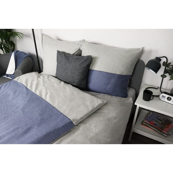 jilda-tex Biber Bettwäsche Made IN Germany Melange 135x200 cm + 80x80 cm 100% Baumwolle Feinbiberbettwäsche Edel-Flanell Verschiedene Größen/Farben (Jeansblau/Streifen Hellgrau, 135 x 200 cm)