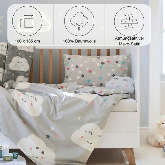 s.Oliver Kinderbettwäsche Wolke 100x135 cm - 100% Baumwolle, praktischer Reißverschluss & maschinenwaschbar, Bettwäsche für Kinder 2tlg. Wölkchen & Sterne grau