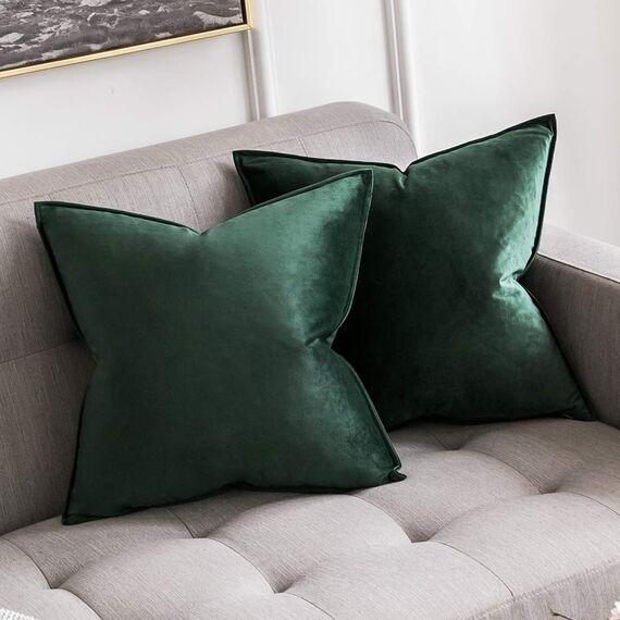 MIULEE 2er Set Samt Kissenbezug Flansch Kissenhülle Dekorative Sofakissen Dekokissen Umwickelte Kante Kissenbezüge Zierkissenbezug für Sofa Wohnzimmer Schlafzimmer 45x45 cm Dunkelgrün