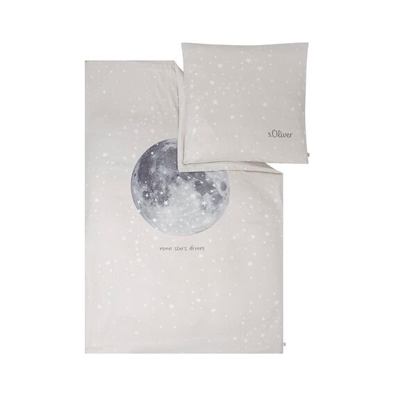 s.Oliver Kinderbettwäsche Mond 135 x 200 cm - 100% Baumwolle, Reißverschluss, anschmiegsam, weich & waschbar, Mako Satinbettwäsche Sterne & Mond beige weiß
