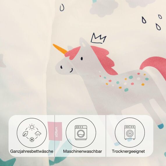 s.Oliver Kinderbettwäsche Einhorn 100x135 cm - 100% Baumwolle, praktischer Reißverschluss & maschinenwaschbar, Bettwäsche für Kinder Regenbogen 2tlg. bunt
