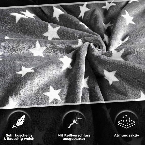 MALIKA Warme Winter Plüsch Sterne Wende-Bettwäsche Nicky-Teddy 'Cashmere Touch' Coral Fleece viele Farben & Größen, Farbe:Grau, Größe:135 x 200 cm