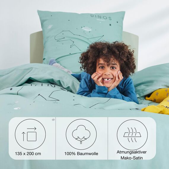s.Oliver Kinderbettwäsche Dino 135x200 cm - 100% Baumwolle, praktischer Reißverschluss & maschinenwaschbar, Bettwäsche für Kinder Dinosaurier & Sterne 2tlg. Mint