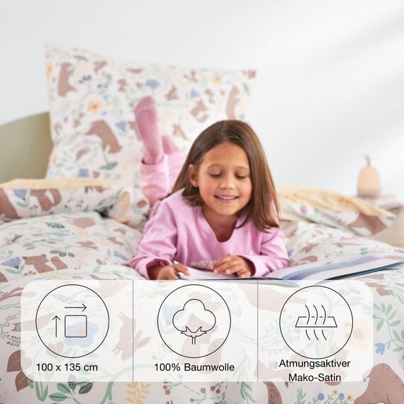 s.Oliver Kinderbettwäsche Waldtiere 100x135 cm - 100% Baumwolle, praktischer Reißverschluss & maschinenwaschbar, Bettwäsche für Kinder 2tlg. Tiere gelb bunt