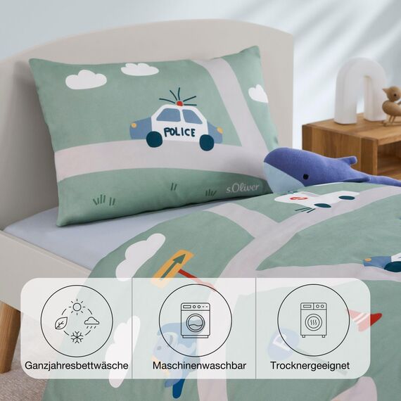 s.Oliver Kinderbettwäsche Auto 100 x 135 cm - 100% Baumwolle, Reißverschluss, anschmiegsam, weich & waschbar, Mako Satinbettwäsche mit Autos mehrfabig