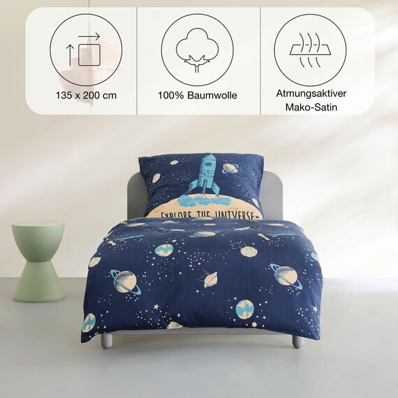 s.Oliver Kinderbettwäsche Universum 135x200 cm - 100% Baumwolle, praktischer Reißverschluss & maschinenwaschbar, Bettwäsche für Kinder Astronaut & Rakete 2tlg. blau