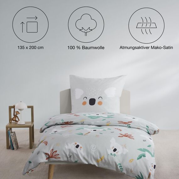 s.Oliver Kinderbettwäsche Koala 135 x 200 cm - 100% Baumwolle, Reißverschluss, anschmiegsam, weich & waschbar, Mako Satinbettwäsche Koalabär grau