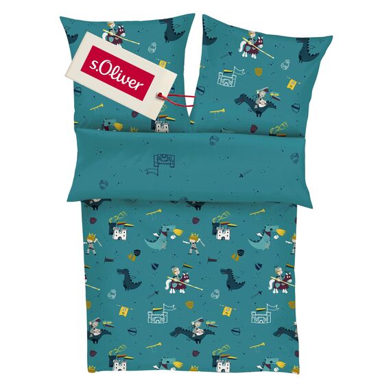 s.Oliver Kinderbettwäsche Ritter 135x200 cm - 100% Baumwolle, praktischer Reißverschluss & maschinenwaschbar, Bettwäsche für Kinder Drache & Ritterburg 2tlg. Petrol
